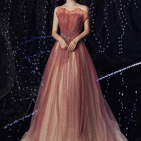 Burgundy tulle sequins long prom dress A line evening dress - Thumbnail 5