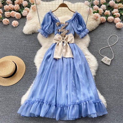Blue a line lace-up dress blue fashion dress