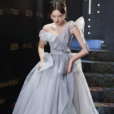 Gray tulle long a line prom dress gray evening dress - Thumbnail 3