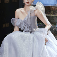 Gray tulle long A line prom dress gray evening dress - Thumbnail 1