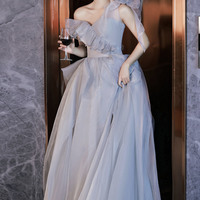 Gray tulle long A line prom dress gray evening dress - Thumbnail 3