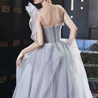 Gray tulle long A line prom dress gray evening dress - Thumbnail 5