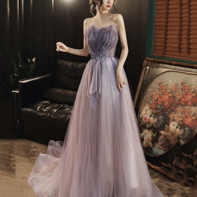 Purple tulle sequins long prom dress evening dress - Thumbnail 1