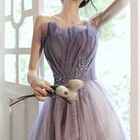 Purple tulle sequins long prom dress evening dress - Thumbnail 1