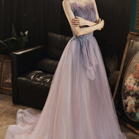 Purple tulle sequins long prom dress evening dress - Thumbnail 2
