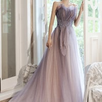 Purple tulle sequins long prom dress evening dress - Thumbnail 3