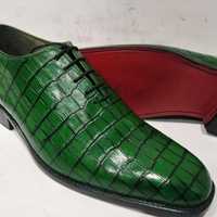 Men's Handmade Green Alligator Skin Lace Up Shoes - Thumbnail 1