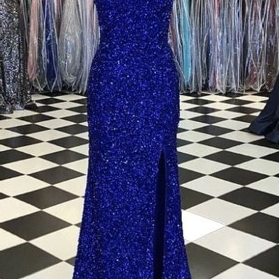 Sp1992,royal blue sequin mermaid prom dress halter long evening dresses
