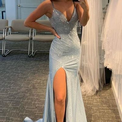 Sp1996,light grey beaded prom dress,mermaid split evening gown