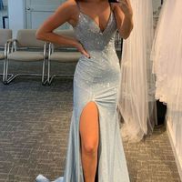 SP1996,Light grey beaded prom dress,mermaid split evening gown - Thumbnail 1