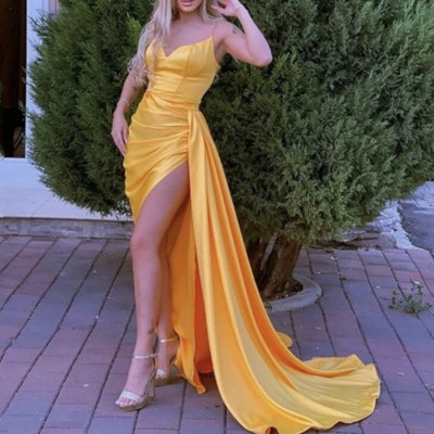 Straps yellow prom dresses slit under 100 - Thumbnail 2
