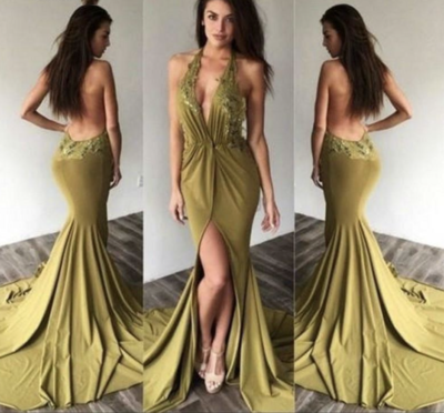 Halter Backless Prom Dresses with Appliqué