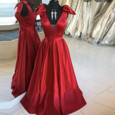 V neck red prom dresses with bowknot - Thumbnail 3
