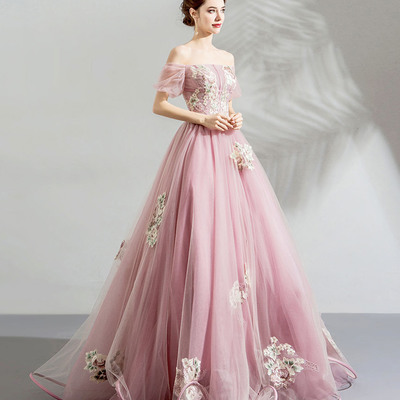 Pink tulle lace long prom dress evening dress
