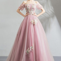 Pink tulle lace long prom dress evening dress - Thumbnail 1