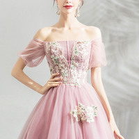 Pink tulle lace long prom dress evening dress - Thumbnail 3