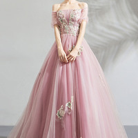 Pink tulle lace long prom dress evening dress - Thumbnail 4