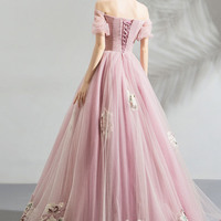 Pink tulle lace long prom dress evening dress - Thumbnail 5