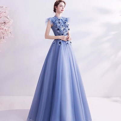 Blue tulle lace long prom dress blue evening dress - Thumbnail 3