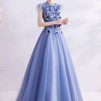 Blue tulle lace long prom dress blue evening dress - Thumbnail 1