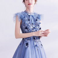 Blue tulle lace long prom dress blue evening dress - Thumbnail 2