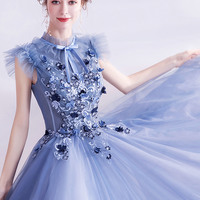 Blue tulle lace long prom dress blue evening dress - Thumbnail 3