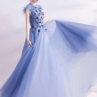 Blue tulle lace long prom dress blue evening dress - Thumbnail 4