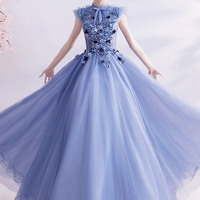 Blue tulle lace long prom dress blue evening dress - Thumbnail 5