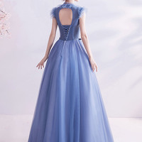 Blue tulle lace long prom dress blue evening dress - Thumbnail 8