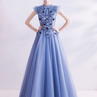 Blue tulle lace long prom dress blue evening dress - Thumbnail 7