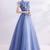 Blue tulle lace long prom dress blue evening dress - Thumbnail 9