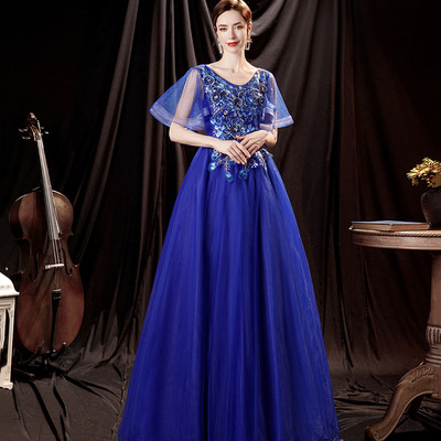 Elegant tulle lace long prom dress blue evening dress - Thumbnail 1