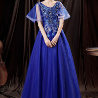 Elegant tulle lace long prom dress blue evening dress - Thumbnail 1