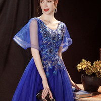 Elegant tulle lace long prom dress blue evening dress - Thumbnail 2
