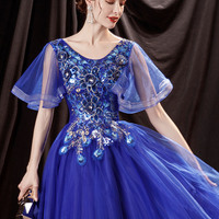 Elegant tulle lace long prom dress blue evening dress - Thumbnail 3