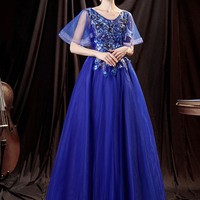 Elegant tulle lace long prom dress blue evening dress - Thumbnail 7