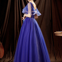 Elegant tulle lace long prom dress blue evening dress - Thumbnail 4