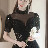 Black tulle sequins long prom dress black evening dress - Thumbnail 1