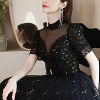 Black tulle sequins long prom dress black evening dress - Thumbnail 8