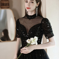 Black tulle sequins long prom dress black evening dress - Thumbnail 2