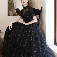 Black tulle sequins long prom dress black evening dress - Thumbnail 3