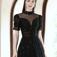 Black tulle sequins long prom dress black evening dress - Thumbnail 4