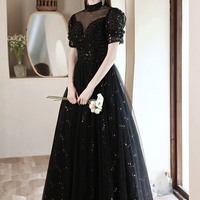 Black tulle sequins long prom dress black evening dress - Thumbnail 5