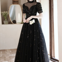 Black tulle sequins long prom dress black evening dress - Thumbnail 6