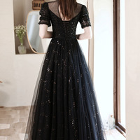 Black tulle sequins long prom dress black evening dress - Thumbnail 7