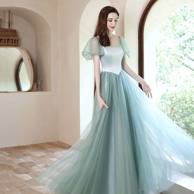 Green satin tulle long prom dress green evening dress - Thumbnail 3