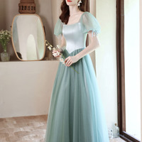 Green satin tulle long prom dress green evening dress - Thumbnail 1