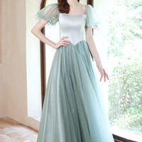 Green satin tulle long prom dress green evening dress - Thumbnail 2
