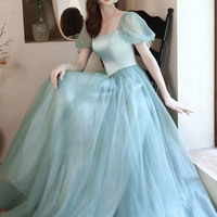 Green satin tulle long prom dress green evening dress - Thumbnail 3