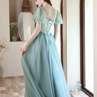 Green satin tulle long prom dress green evening dress - Thumbnail 5